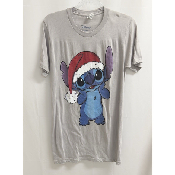 Disney Stitch Santa Hat Short Sleeve T-Shirt Light Gray Women's Size Small - Picture 1 of 8
